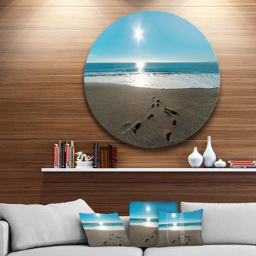 Blue Sea and Footprints in Sand - Sea & Shore Circle Metal Wall Decor